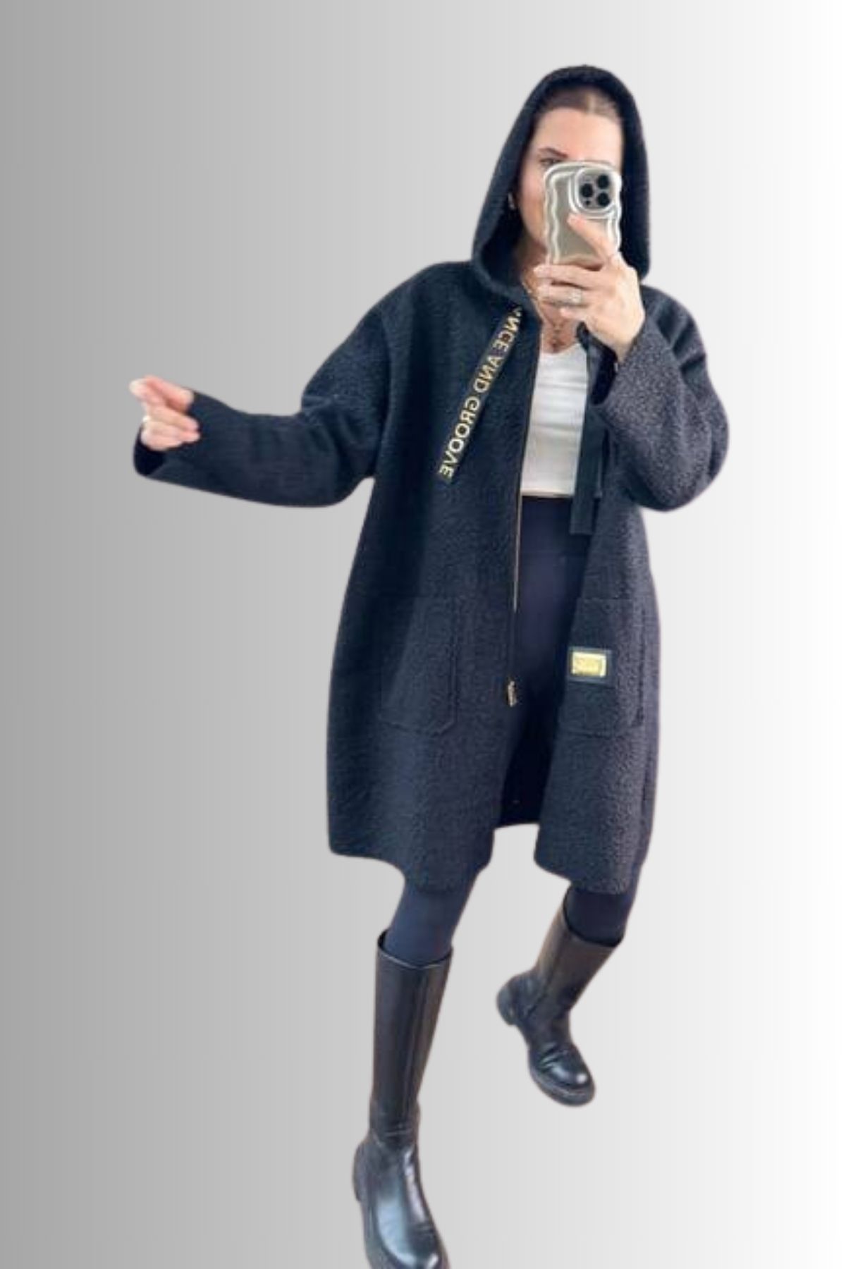 GoGoTrendy Kadın Siyah Kapüşonlu Uzun Kaban